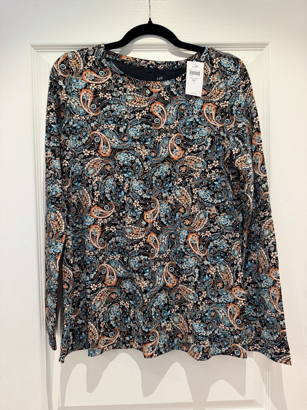 J Jill Pima Cotton Paisley Long Sleeve Tee M Tall Black Teal Orange NWT